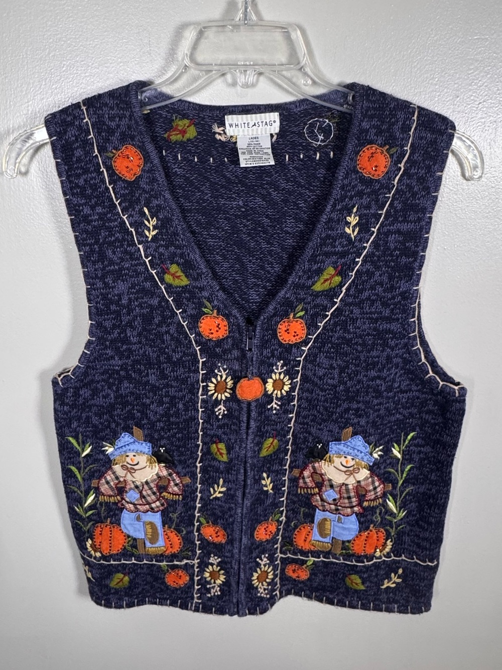White Stag Pumpkin Scarecrow Halloween Fall Embroidered Beaded Sweater Vest Sz L